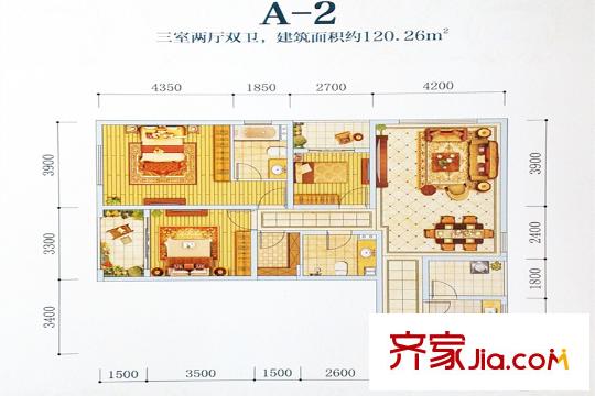 融城?昆明湖A2戶型圖 3室2廳2衛(wèi)1廚