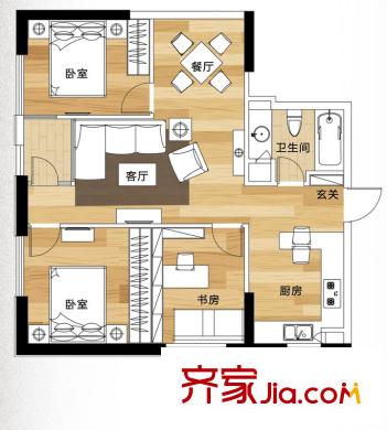 欣都龍城戶型圖F戶型 3室2廳1衛(wèi)1廚