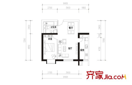 溪麓南郡B2戶(hù)型 1室2廳1衛(wèi)1廚