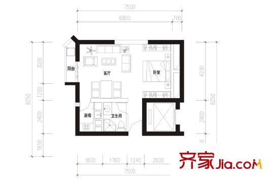 溪麓南郡A2戶(hù)型 1室1廳1衛(wèi)1廚