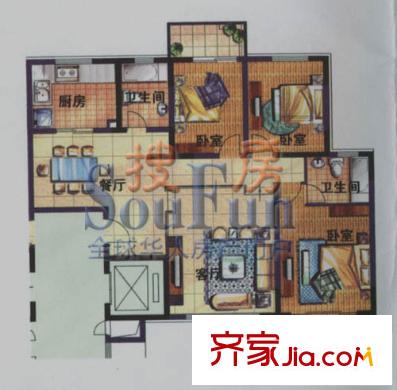 金林碧水戶型圖F戶型一 3室2廳2衛(wèi)1廚