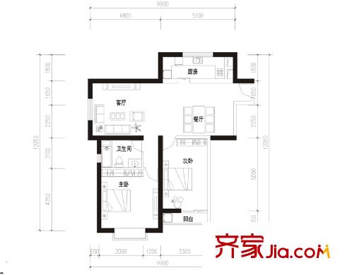 溪麓南郡D1E1戶型 2室2廳1衛(wèi)1廚