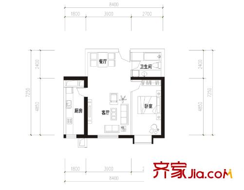 溪麓南郡B1戶(hù)型 1室2廳1衛(wèi)1廚