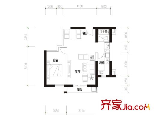 溪麓南郡B3戶(hù)型 1室2廳1衛(wèi)1廚