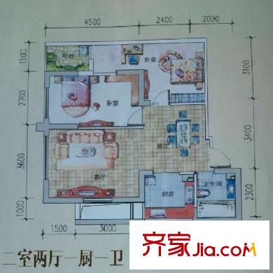 溪畔麗景戶型圖B3戶型 2室2廳1衛(wèi)1廚