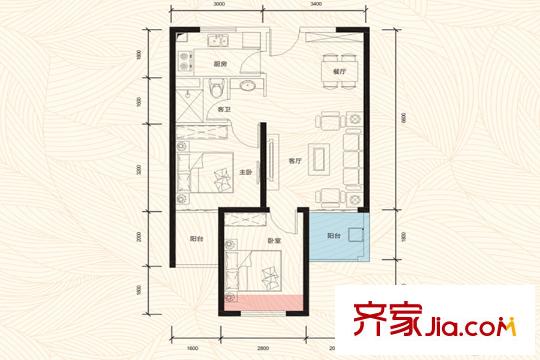 中航城D4戶型圖 2室2廳1衛(wèi)1廚