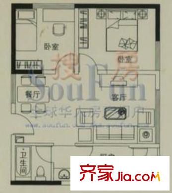 时光俊园户型图b户型 2室2厅1卫1厨