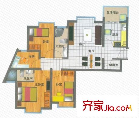 中天花园户型图 四室两厅一厨两卫 4室2厅2卫1厨