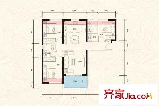 中航城D1戶型圖 3室2廳2衛(wèi)1廚