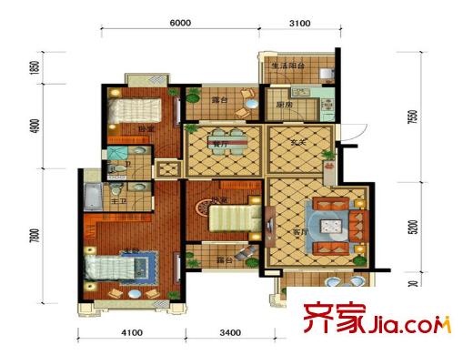 長(zhǎng)水航城C戶型3層 3室2廳2衛(wèi)