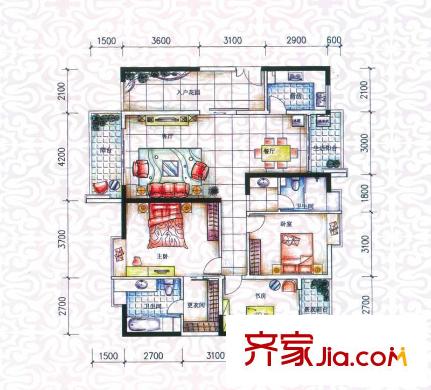 金色俊園戶型圖D1-02-R、D2-06-R 3室2廳2衛(wèi)1廚