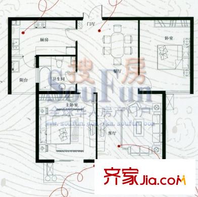 世紀(jì)城戶型圖元春苑9#C-J座 2室2廳1衛(wèi)1廚
