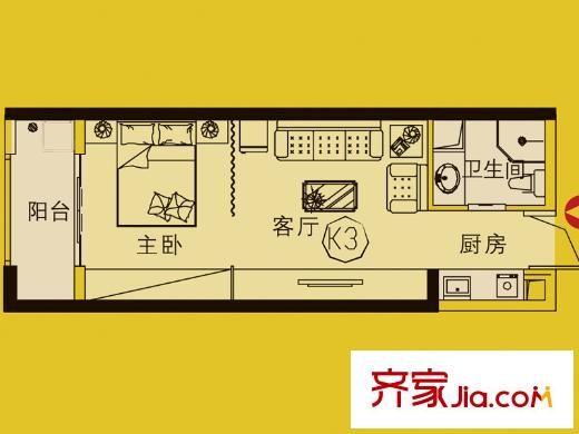 天怡峰景花園戶型圖16棟k3戶型 1室1廳1衛(wèi)1廚