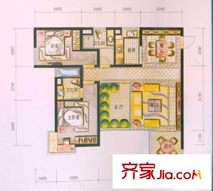 云南映象戶型圖D2戶型 2室2廳2衛(wèi)1廚