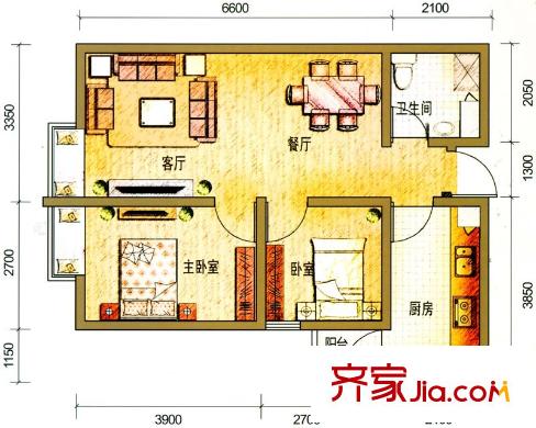 云南映象戶型圖G3戶型 2室2廳1衛(wèi)1廚