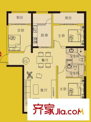 天怡峰景花園戶型圖16棟k6戶型 3室2廳2衛(wèi)1廚