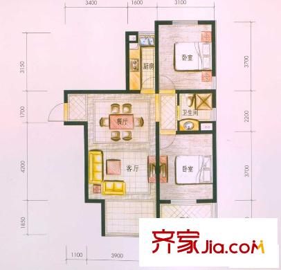云南映象戶型圖G2戶型 2室2廳1衛(wèi)1廚