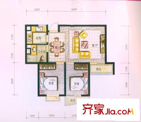 云南映象戶型圖F2戶型 2室2廳1衛(wèi)1廚