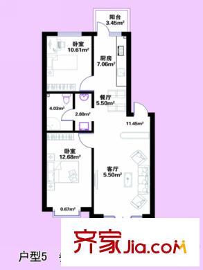 蕭紅書香苑戶型圖戶型5 建筑面積88.98平方米 2室2廳2衛(wèi)1廚