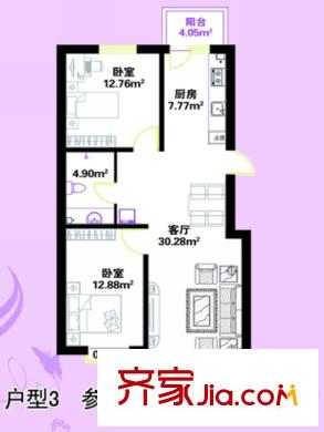蕭紅書香苑戶型圖戶型3 建筑面積89.09平方米 2室2廳1衛(wèi)1廚