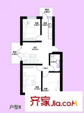 蕭紅書香苑戶型圖戶型6 建筑面積88.15平方米 3室1廳1衛(wèi)1廚