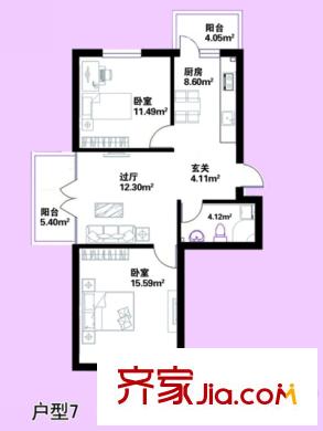 蕭紅書香苑戶型圖戶型7 建筑面積82.37平方米 2室1廳1衛(wèi)1廚