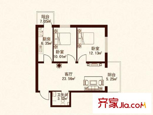 江城之珠戶(hù)型圖03戶(hù)型圖 2室1廳1衛(wèi)1廚