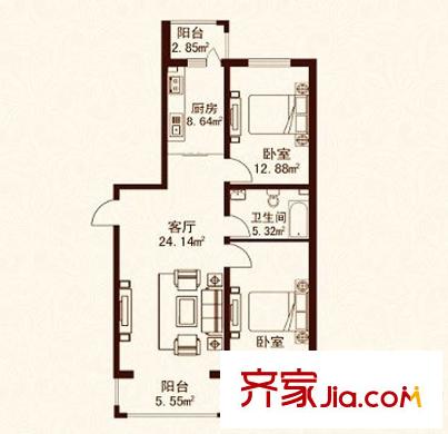 江城之珠戶型圖09戶型圖 2室1廳1衛(wèi)1廚