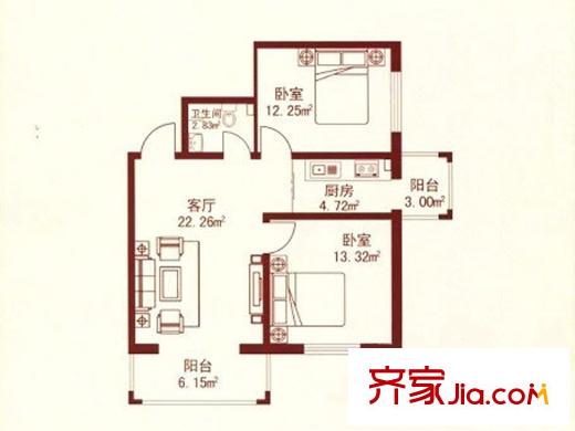 江城之珠戶(hù)型圖06戶(hù)型圖 2室1廳1衛(wèi)1廚