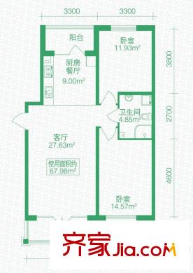 北岸上筑戶型圖C戶型 2室2廳1衛(wèi)1廚
