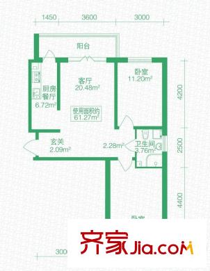 北岸上筑戶型圖B戶型 2室2廳1衛(wèi)1廚