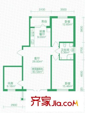 北岸上筑戶型圖E戶型 3室2廳1衛(wèi)1廚