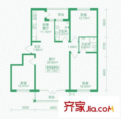 北岸上筑戶型圖F戶型 3室2廳2衛(wèi)1廚