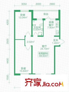 北岸上筑戶型圖D戶型 2室2廳1衛(wèi)1廚