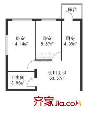 鴻祥家園戶型圖兩室一廳53.57平方米 2室1廳1衛(wèi)1廚