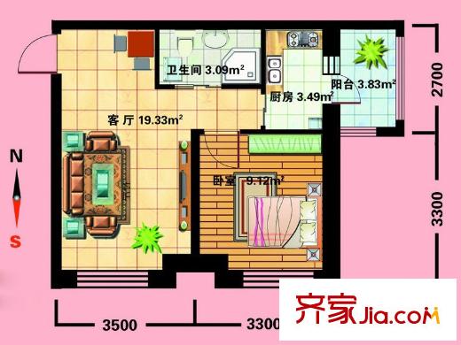 東僑國際戶型圖C戶型 1室1廳1衛(wèi)1廚