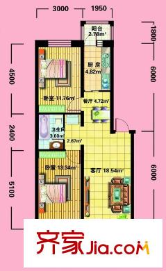 東僑國際戶型圖 E戶型 2室1廳1衛(wèi)1廚