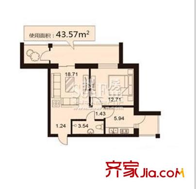 鋒華城戶型圖一室一廳43.57平方米 1室1廳1衛(wèi)1廚
