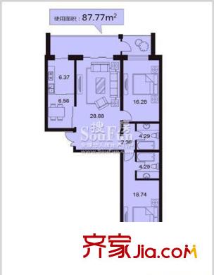 鋒華城戶型圖兩室兩廳87.7平方米 2室2廳1衛(wèi)1廚