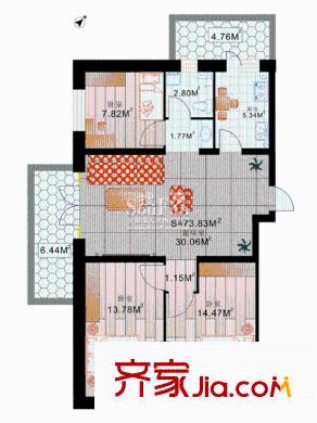 長禹嘉園戶型圖二期：三室一廳73.83平方米 3室1廳1衛(wèi)1廚