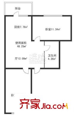 鴻祥家園戶型圖兩室一廳48.25平方米 2室1廳1衛(wèi)1廚