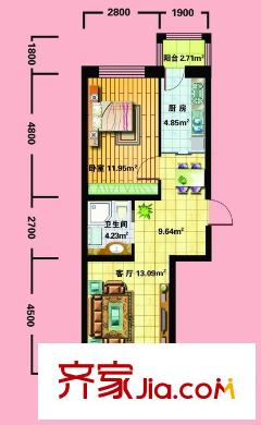 東僑國際戶型圖 A戶型 1室1廳1衛(wèi)1廚