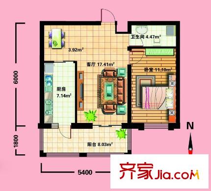 東僑國際戶型圖K戶型 1室1廳1衛(wèi)1廚