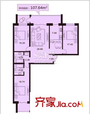 鋒華城戶型圖三室兩廳107.64平方米 3室2廳2衛(wèi)1廚