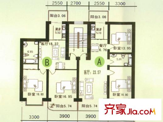 山水文園戶型圖戶型二 2室2廳1衛(wèi)1廚