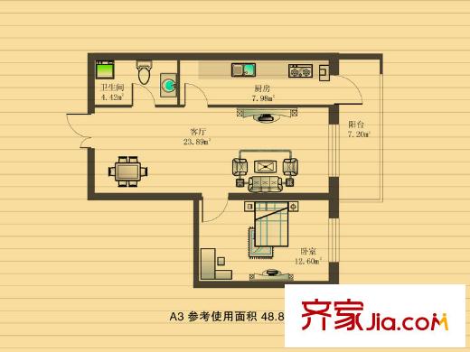 金豐優(yōu)豪斯小區(qū)戶型圖戶型A-3 1室2廳1衛(wèi)1廚