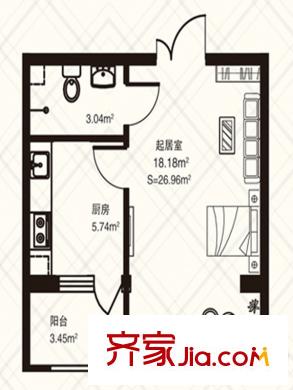 金豐優(yōu)豪斯小區(qū)戶型圖B2戶型 1室1廳1衛(wèi)1廚