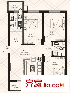 金豐優(yōu)豪斯小區(qū)戶型圖B1戶型 3室1廳1衛(wèi)1廚