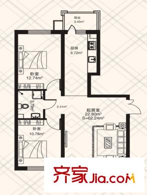 金豐優(yōu)豪斯小區(qū)戶型圖B3戶型 2室1廳1衛(wèi)1廚