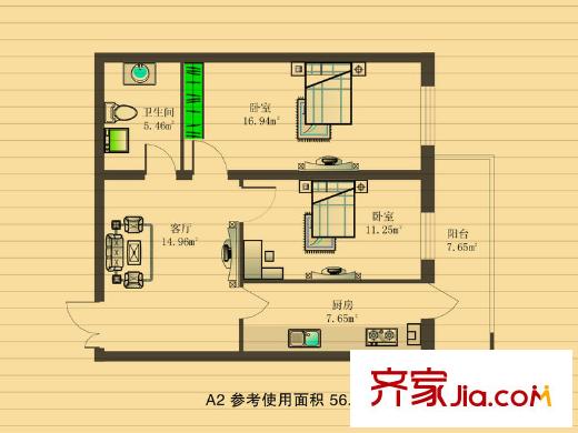 金豐優(yōu)豪斯小區(qū)戶型圖戶型A-2 2室1廳1衛(wèi)1廚